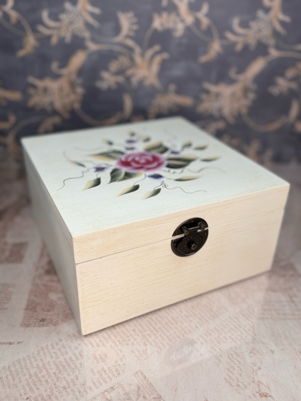 Large Wooden Jewelry Box Floral Lid Organizer Removable Tray Storage
